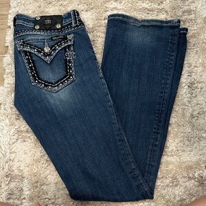 Miss Me Dark Blue Boot Cut Jeans with Embellished Pockets